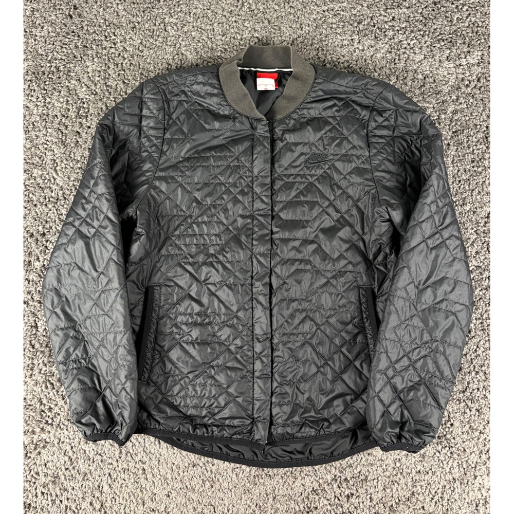 Nike Womens Primaloft Quilted Puffer Jacket Black Snap Front Bomber Medium